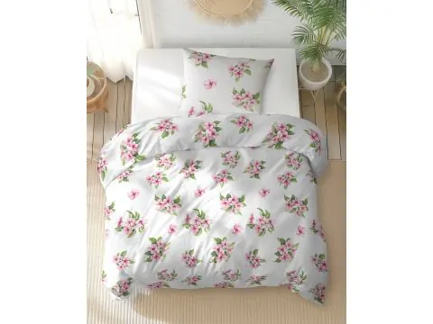 Pościel bawełniana 140x200 z poszewką 70x80 – różowe kwiaty wiśni