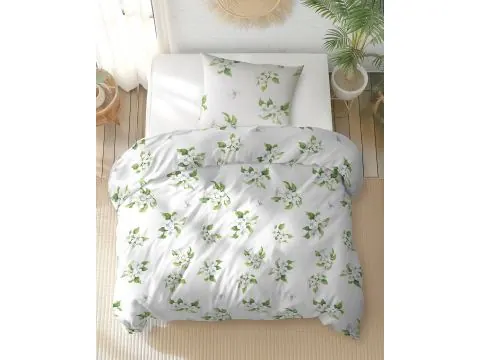 Pościel bawełniana 140x200 – białe kwiaty wiśni na jasnym tle