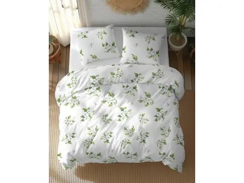 Pościel bawełniana 160x200 – białe kwiaty wiśni na jasnym tle - miękka bawełna
