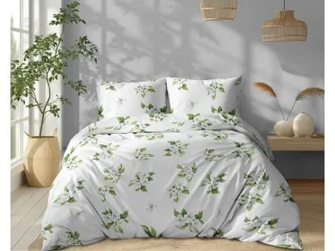 Pościel bawełniana 180x200 białe kwiaty wiśni na jasnym tle – naturalna, miękka, z zamkiem