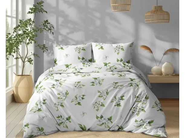 Pościel bawełniana 220x200 – białe kwiaty wiśni na jasnym tle