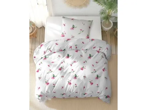 Pościel bawełniana 140x200 z wzorem różowych kwiatków na białym tle – stylowa i komfortowa