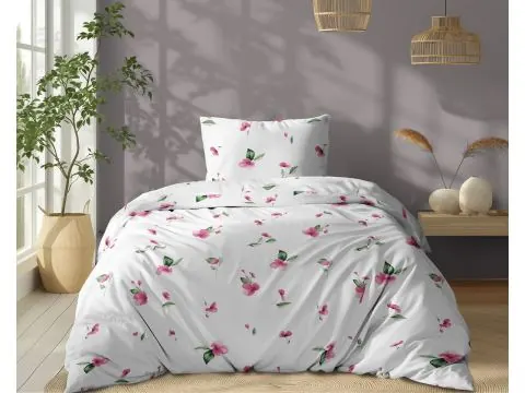 Pościel bawełniana 140x200 z wzorem różowych kwiatków na białym tle – stylowa i komfortowa