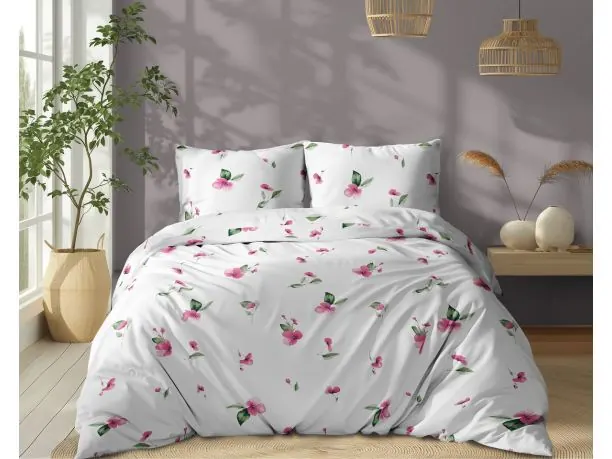 Pościel bawełniana 160x200 – różowe kwiatki na białym tle – stylowa i komfortowa