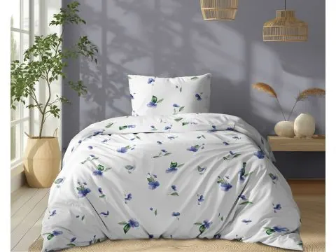 Pościel bawełniana 140x200 – niebieskie delikatne kwiatki na białym tle