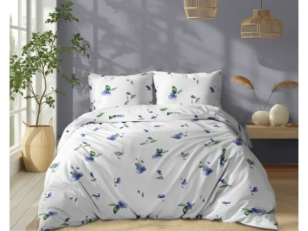 Pościel bawełniana 160x200 – subtelne niebieskie kwiatki na białym tle