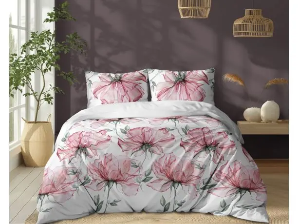 Pościel bawełniana 180x200 – Duże kwiaty malinowe na białym tle, 100% bawełna, miękka i trwała