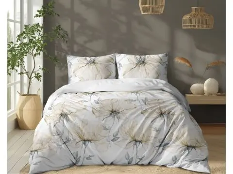 Komplet pościeli bawełnianej 160x200 – Duże kwiaty beżowe na jasnym białym tle