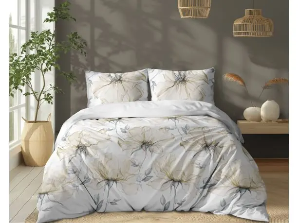 Komplet pościeli bawełnianej 160x200 – Duże kwiaty beżowe na jasnym białym tle