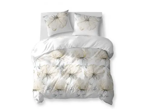 Komplet pościeli bawełnianej 160x200 – Duże kwiaty beżowe na jasnym białym tle