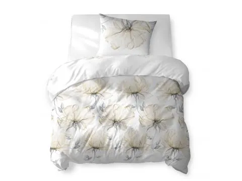 Komplet pościeli bawełnianej 140x200 – Duże kwiaty beżowe na jasnym białym tle