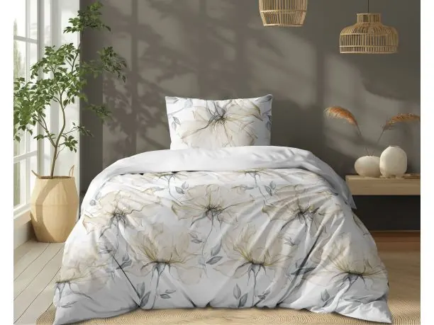 Komplet pościeli bawełnianej 140x200 – Duże kwiaty beżowe na jasnym białym tle