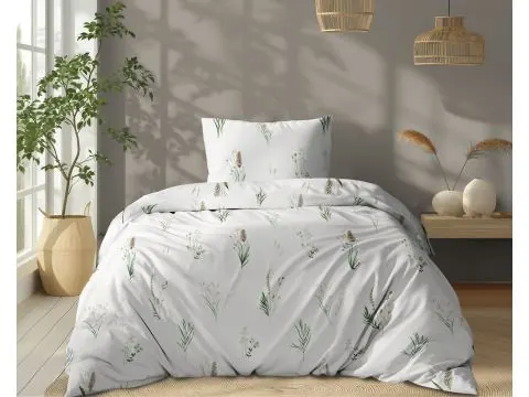 Pościel bawełniana 140x200 – Kłos zielonej trawy na jasnym białym tle