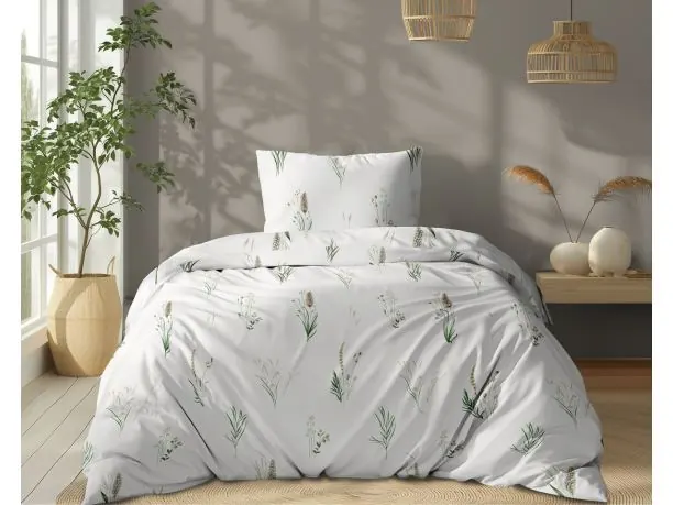 Pościel bawełniana 140x200 – Kłos zielonej trawy na jasnym białym tle