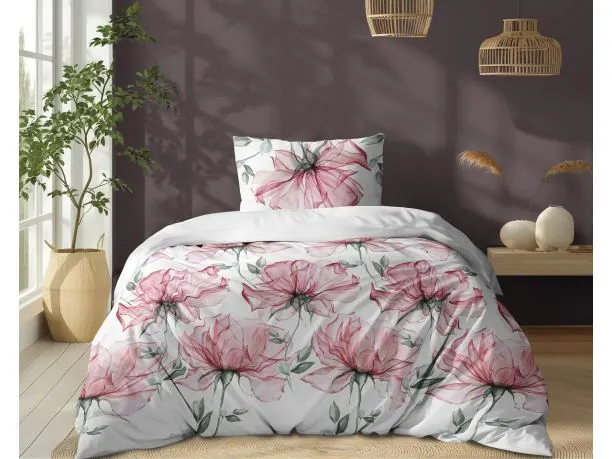 Pościel bawełniana 140x200 – Duże kwiaty malinowe na białym tle, 100% bawełna, miękka i trwała