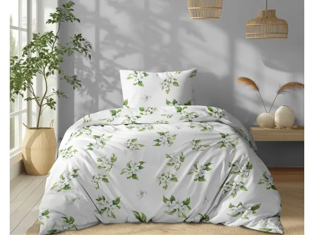 Pościel bawełniana 140x200 – białe kwiaty wiśni na jasnym tle