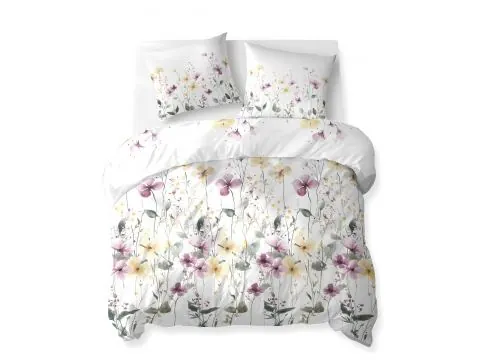 Pościel bawełniana 220x200 – Łąka w kwiaty żółte i różowe na jasnym białym tle