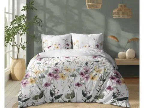 Pościel bawełniana 180x200 – Łąka w kwiaty żółte i różowe na jasnym białym tle