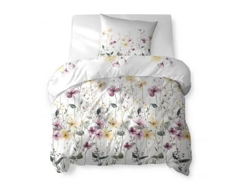 Pościel bawełniana 140x200 – Łąka w kwiaty żółte i różowe na jasnym białym tle