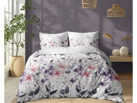 Pościel bawełniana 220x200 – Łąka pełna różowych i fioletowych kwiatów na jasnym białym tle