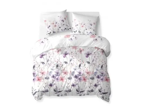 Pościel bawełniana 220x200 – Łąka pełna różowych i fioletowych kwiatów na jasnym białym tle