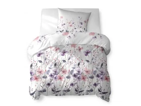 Pościel bawełniana 140x200 – Łąka pełna różowych i fioletowych kwiatów na jasnym białym tle