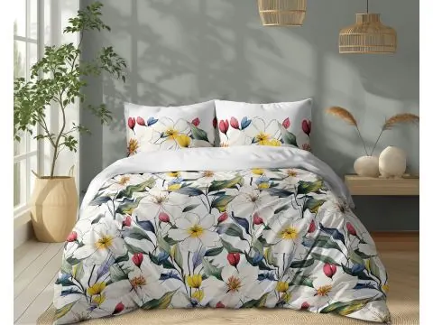 Pościel bawełniana 220x200 – Kwitnąca łąka w białe kwiaty na jasnym tle