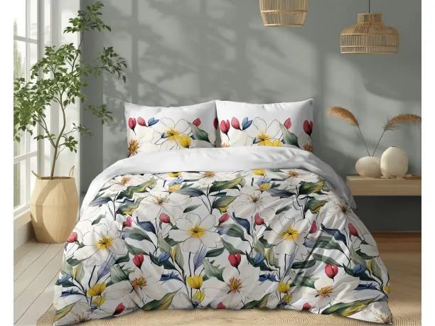 Pościel bawełniana 160x200 – Kwitnąca łąka w białe kwiaty na jasnym tle