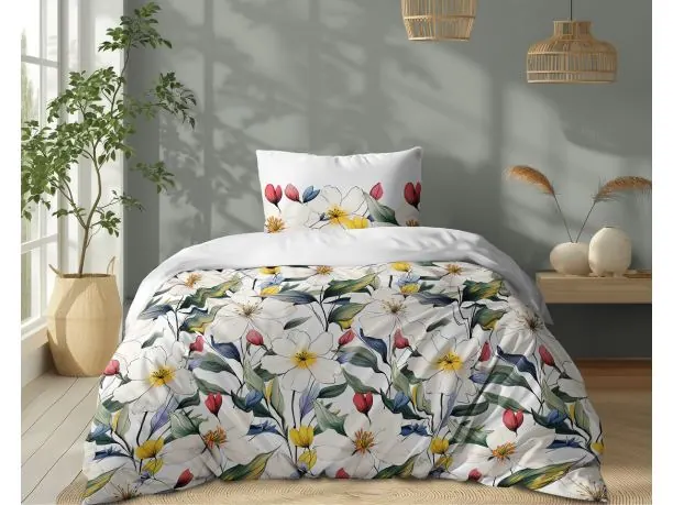 Pościel bawełniana 140x200 – Kwitnąca łąka w białe kwiaty na jasnym tle