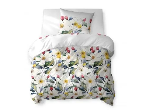 Pościel bawełniana 140x200 – Kwitnąca łąka w białe kwiaty na jasnym tle