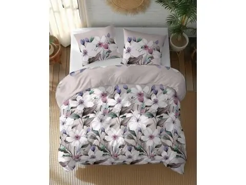 Pościel bawełniana 220x200 – łąka pokryta białymi kwiatami na beżowym tle