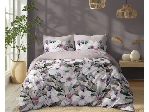 Pościel bawełniana 180x200 – łąka pokryta białymi kwiatami na beżowym tle