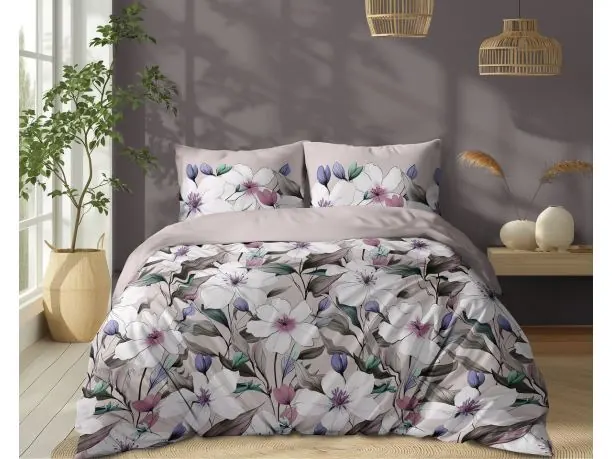 Pościel bawełniana 180x200 – łąka pokryta białymi kwiatami na beżowym tle