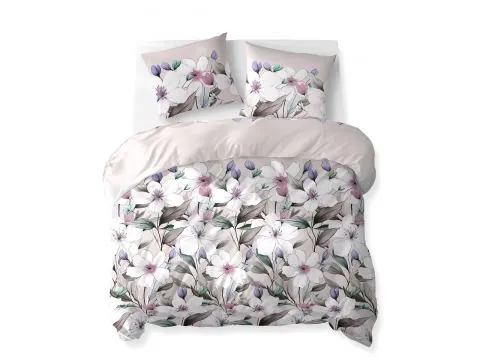 Pościel bawełniana 180x200 – łąka pokryta białymi kwiatami na beżowym tle