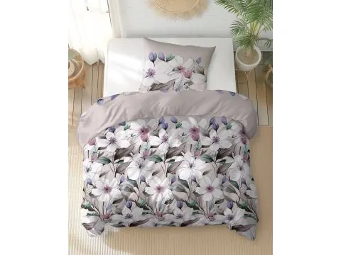 Pościel bawełniana 140x200 – łąka pokryta białymi kwiatami na beżowym tle