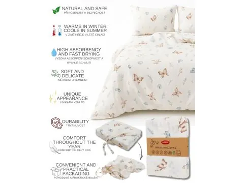 Pościel muślinowa 160x200 romantyczny motyw motylków i gałązek – naturalny komfort i styl