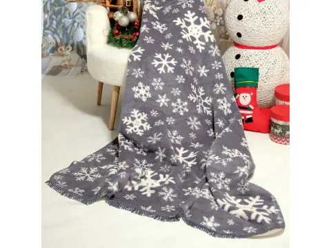 Koc bawełniany 150x200 z frędzlami, świąteczny śnieżynki grafit – miękki, ciepły i przytulny