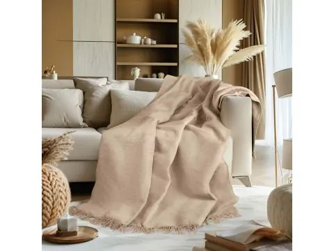 Koc bawełniany 200x220 cm z frędzlami – jasnobeżowy, miękki i ciepły