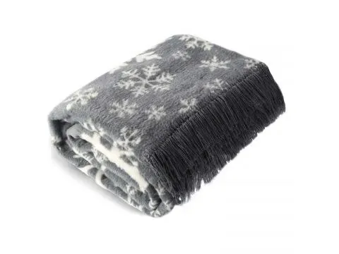 Koc bawełniany 150x200 z frędzlami, świąteczny śnieżynki grafit – miękki, ciepły i przytulny