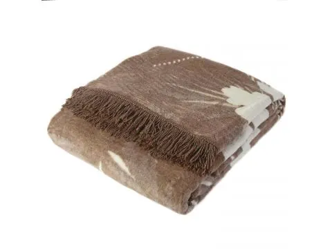 Koc bawełniany 150x200 z frędzlami roślinny wzór w ciepłym, zgaszonym odcieniu brązu