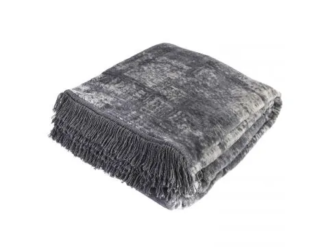 Koc bawełniany 150x200 z frędzlami w nowoczesnym, abstrakcyjnym wzorze w odcieniach szarości