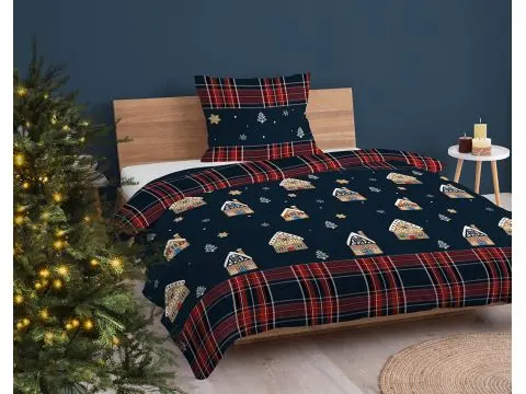 Pościel bawełniana świąteczna 140x200 – piernikowe domki, śnieżynki i choinki