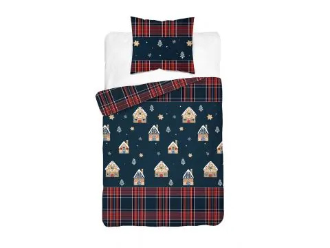 Pościel bawełniana świąteczna 140x200 – piernikowe domki, śnieżynki i choinki