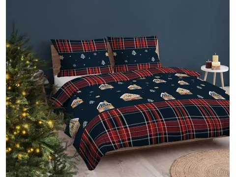 Pościel bawełniana świąteczna 220x200 piernikowe domki, śnieżynki i choinki