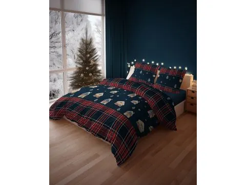 Pościel bawełniana świąteczna 220x200 piernikowe domki, śnieżynki i choinki