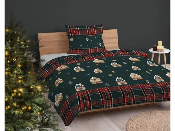 Pościel bawełniana świąteczna 140x200 piernikowe domki na zielonym