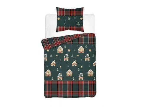 Pościel bawełniana świąteczna 140x200 piernikowe domki na zielonym