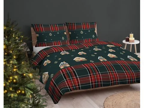 Pościel bawełniana świąteczna 160x200 piernikowe domki na zielonym