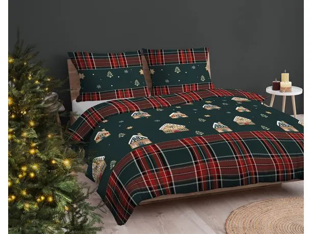 Pościel bawełniana świąteczna 160x200 piernikowe domki na zielonym
