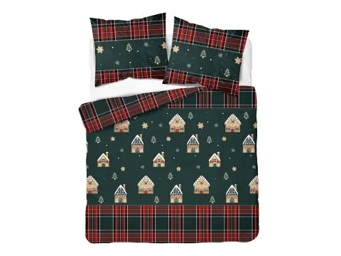 Pościel bawełniana świąteczna 160x200 piernikowe domki na zielonym